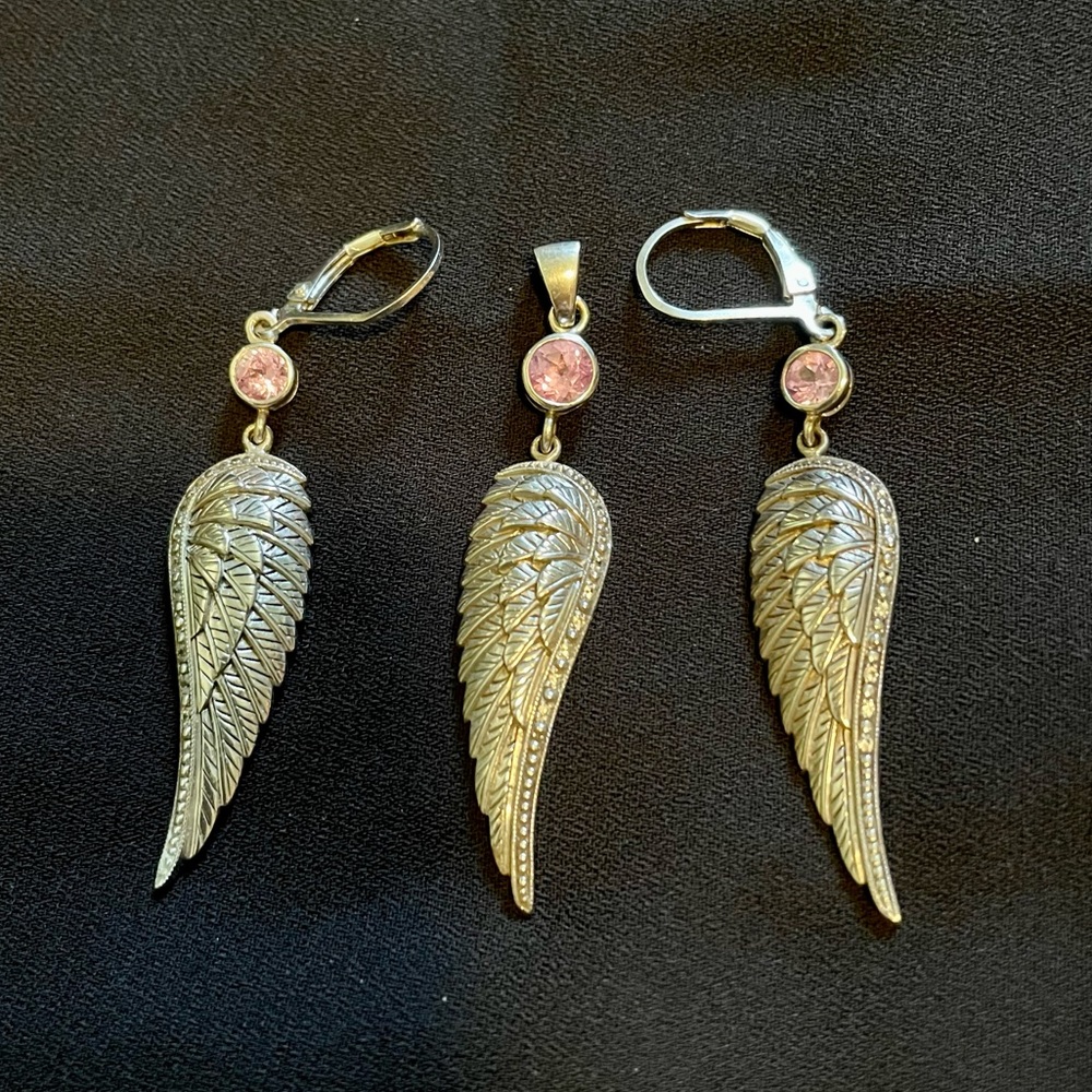 Sterling Silver Vintage Angel Wings Earrings and Pendant breast cancer